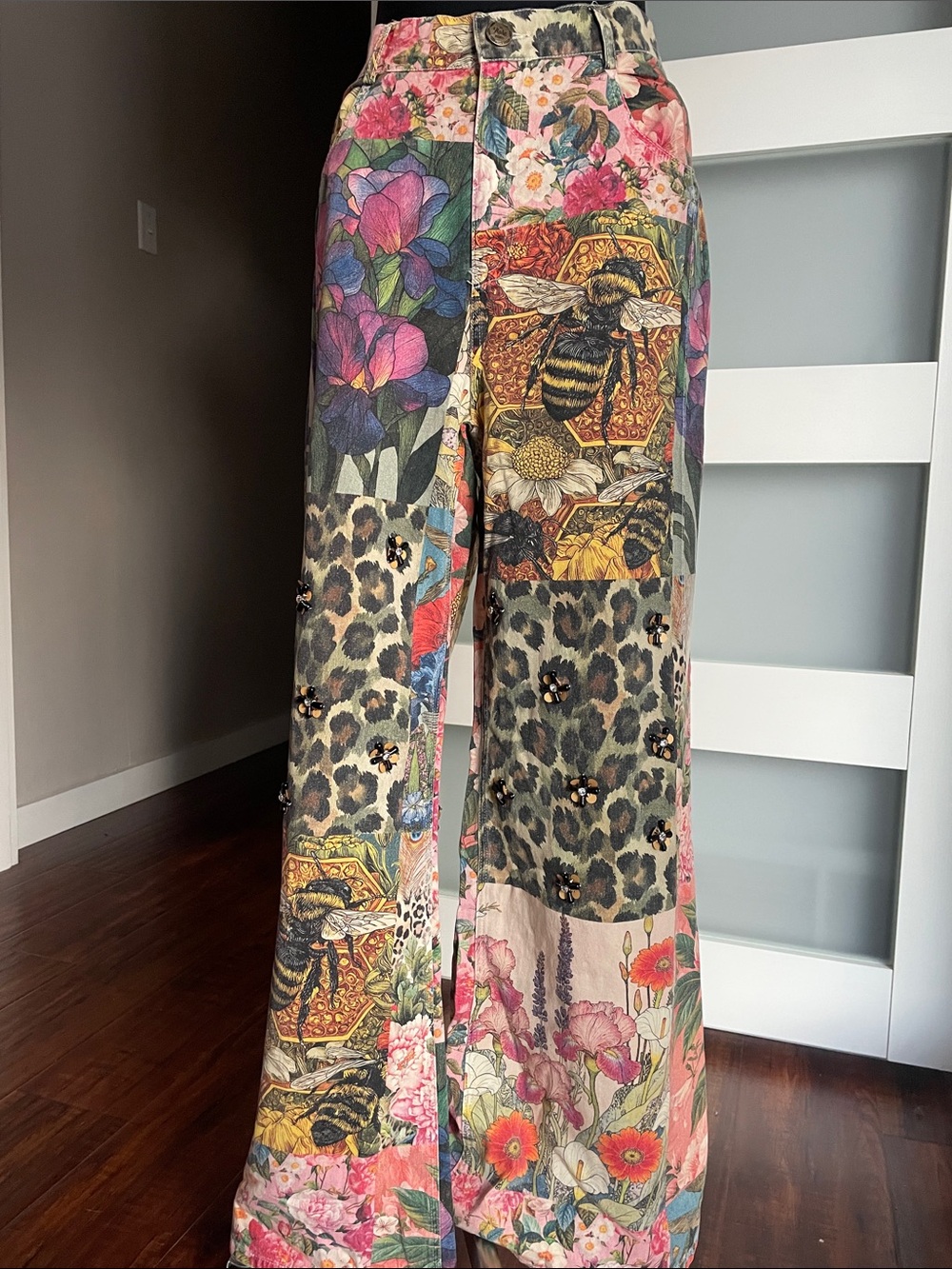 Floral & Leopard Patchwork Wide Leg Jeans - Multicolor